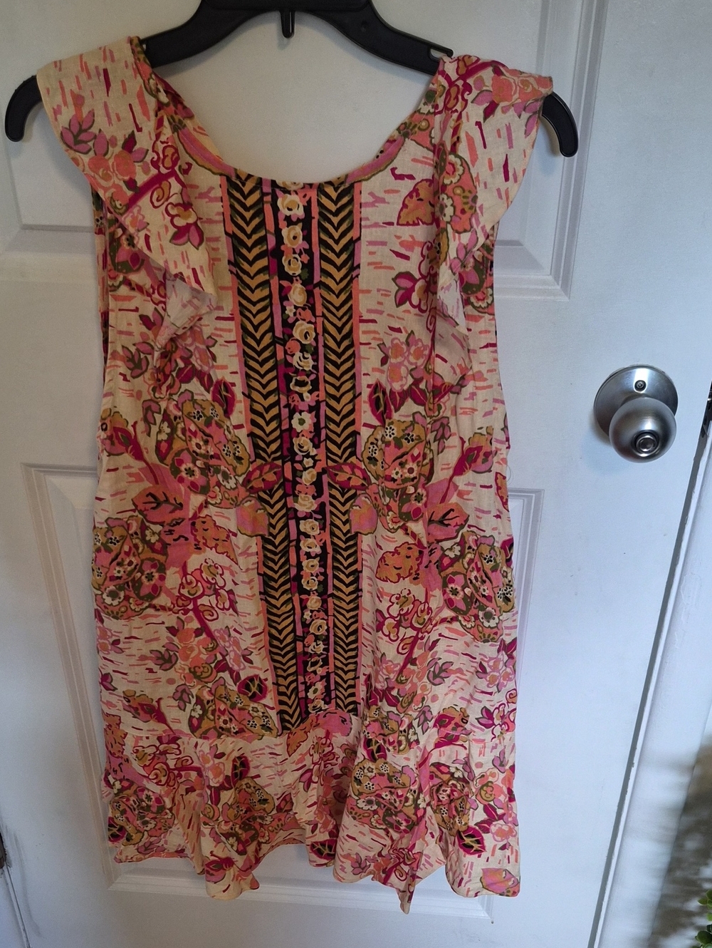 Free People Cream and Pink Floral Ruffle-Trim Dress